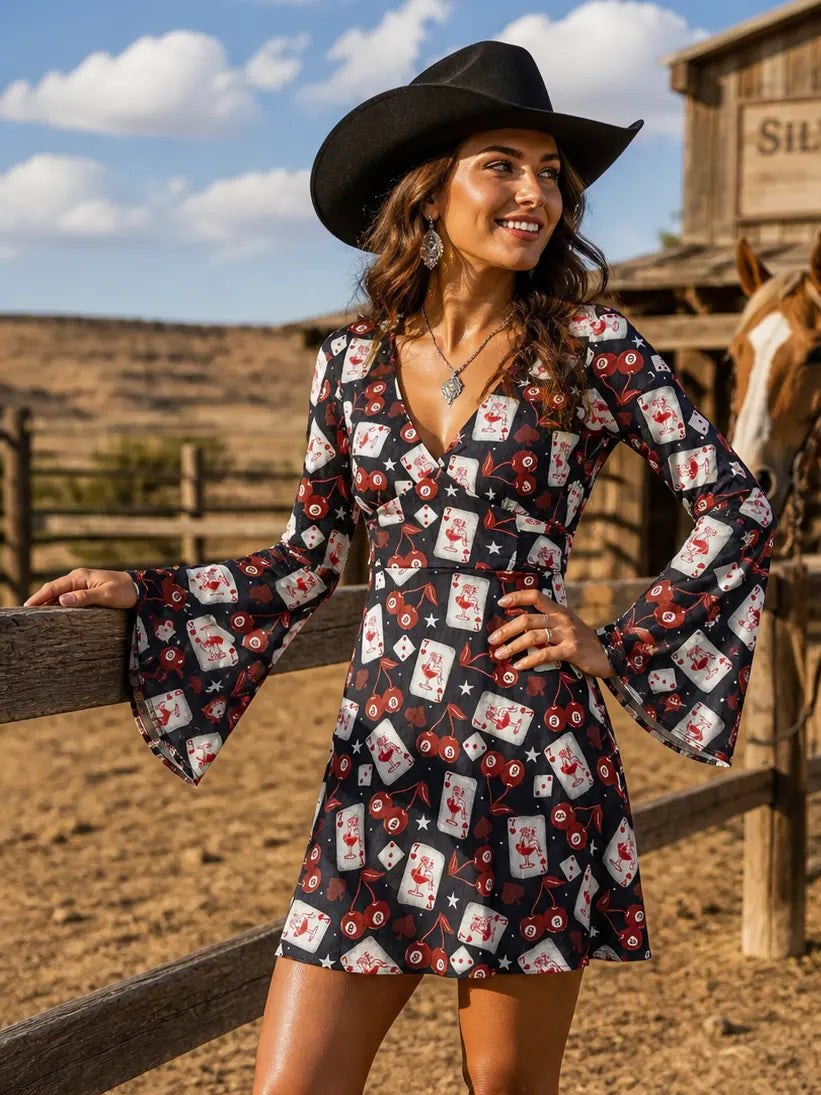 Card Room Cowgirl Bell Sleeve Mesh Retro Dress