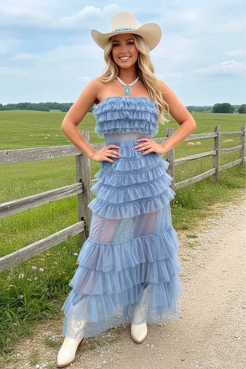 Georgia Tulle Maxi Dress - Smokey Blue Large