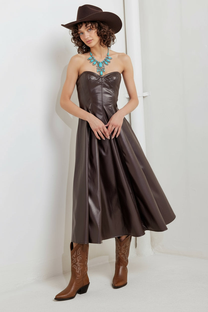 ESPRESSO DIVA FAUX LEATHER MIDI DRESS L FREEMARKET CHOCOLATE / L