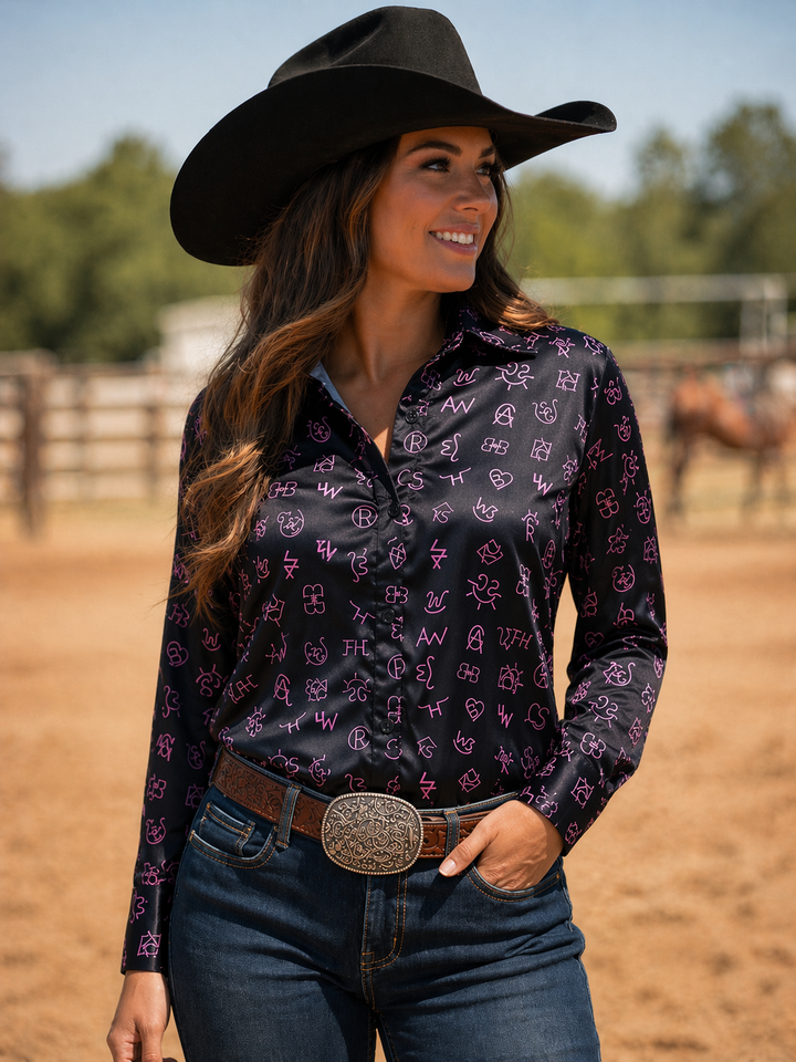Neon Spur Brand Babe Lightweight Satin Button Up Rodeo Shirt Blouse Neon Spur