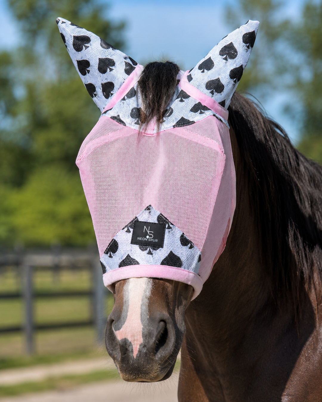 Smokin Spades Fly Mask - Baby Pink Mesh w/ Ears - Std/Full Size Neon Spur