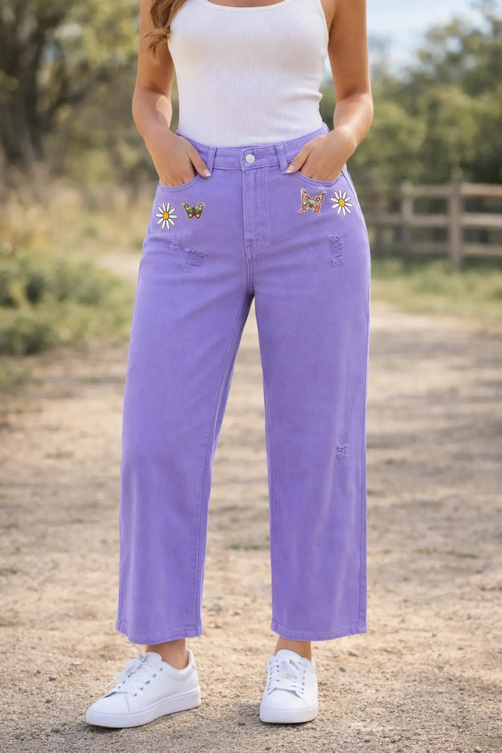 Easter Purple Spring Patch High Waist Distressed Wide Leg Baggy Jeans Neon Spur
