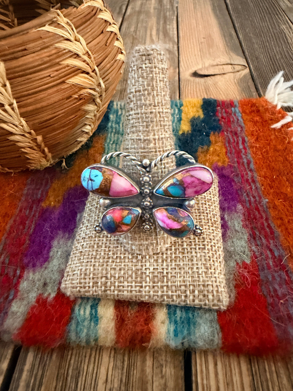 Handcrafted Pink Dream Mojave & Sterling Silver Adjustable Butterfly Ring Nizhoni Traders LLC