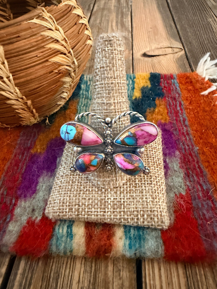 Handcrafted Pink Dream Mojave & Sterling Silver Adjustable Butterfly Ring Nizhoni Traders LLC