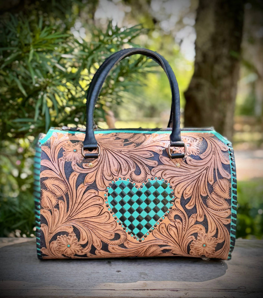Tooled Leather Turquoise Black Checkered Heart Speedy Bag Neon Spur