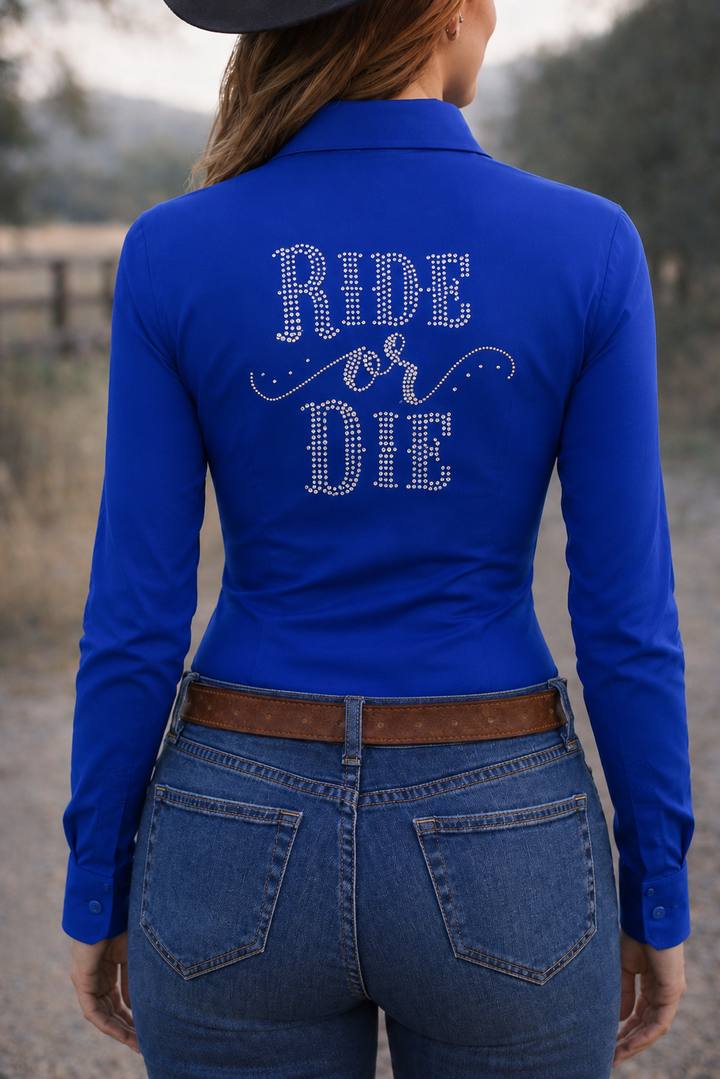 Ride Or Die Rhinestone Button Up 4 Way Stretch Rodeo Shirt -Royal Blue Neon Spur