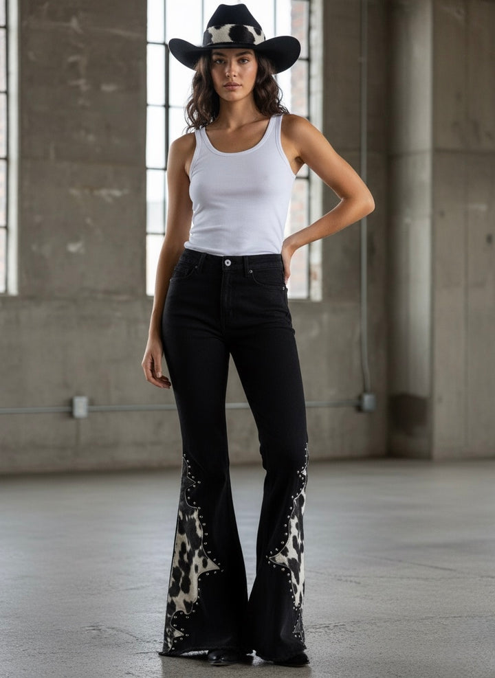Wild West Studded Cowhide Bell Bottom Jeans