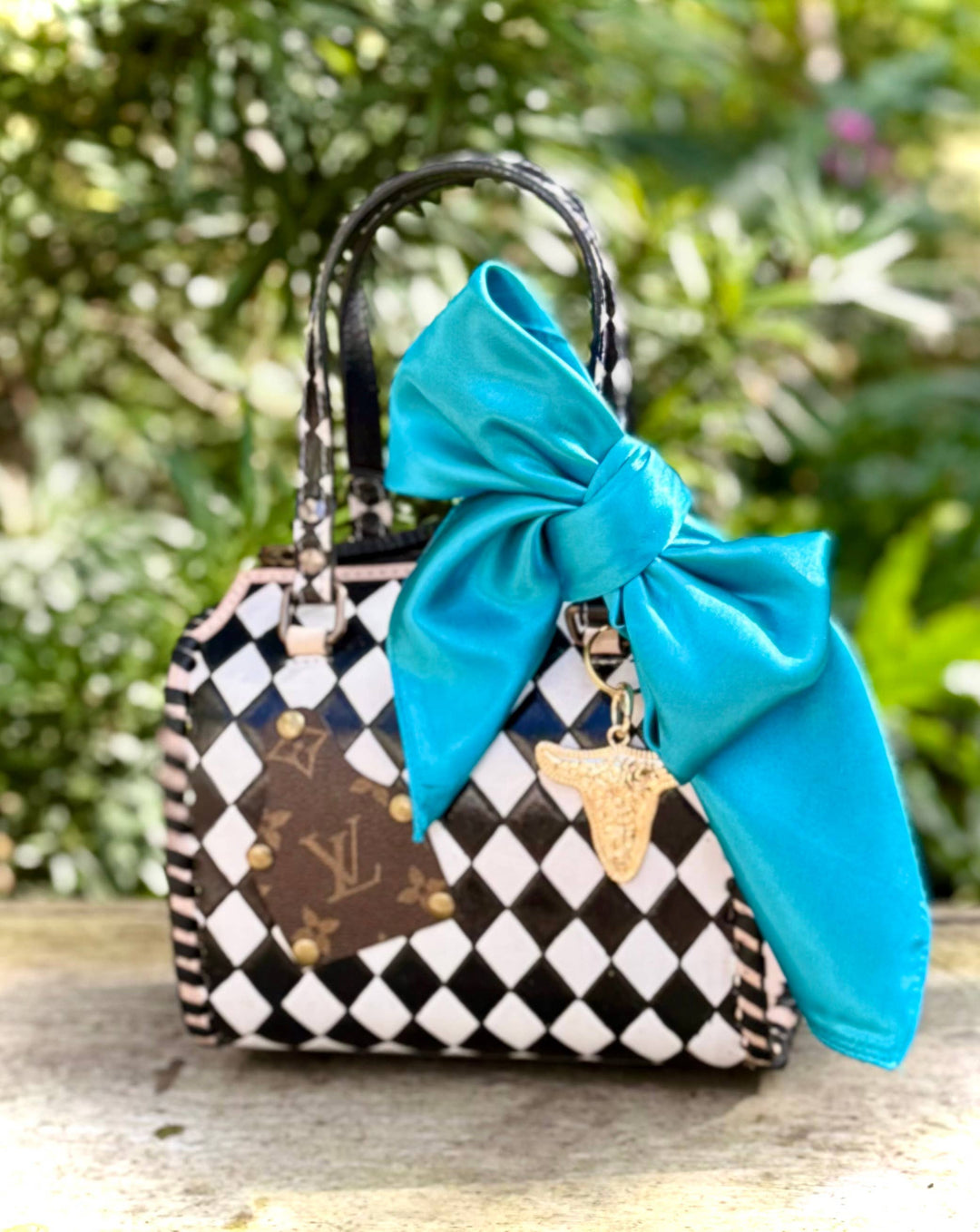 Upcycled LV Black White Checkered Speedy Bag Western Rodeo