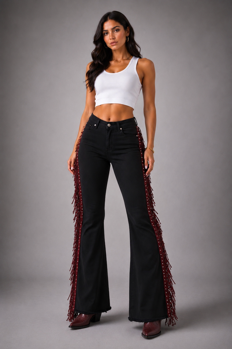 Burgundy Texas Sun Black Denim Bell Bottom Jeans GJG DENIM
