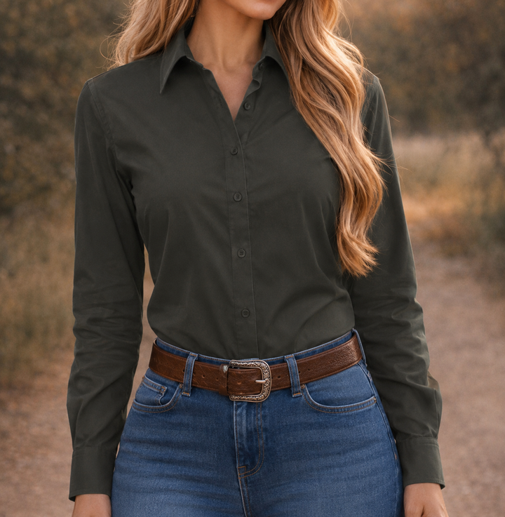 Black Crystal Turn & Burn Button-Up Rodeo Shirt -Olive Green