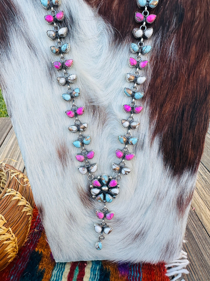 Handcrafted Cotton Candy Turquoise & Sterling Silver Flower Cluster Necklace by Pearlene Spencer