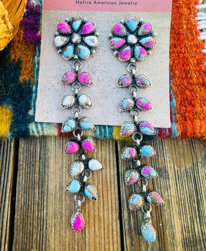 Handcrafted Cotton Candy Turquoise & Sterling Silver Cluster Dangle Earrings by Pearlene Spencer