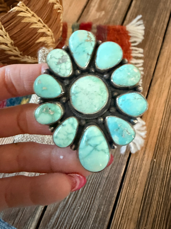 Handcrafted Carico Lake Turquoise & Sterling Silver Cluster Ring -Size 8.75 by Sheila Becenti Nizhoni Traders LLC