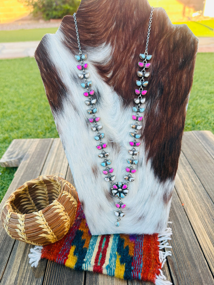 Handcrafted Cotton Candy Turquoise & Sterling Silver Flower Cluster Necklace by Pearlene Spencer