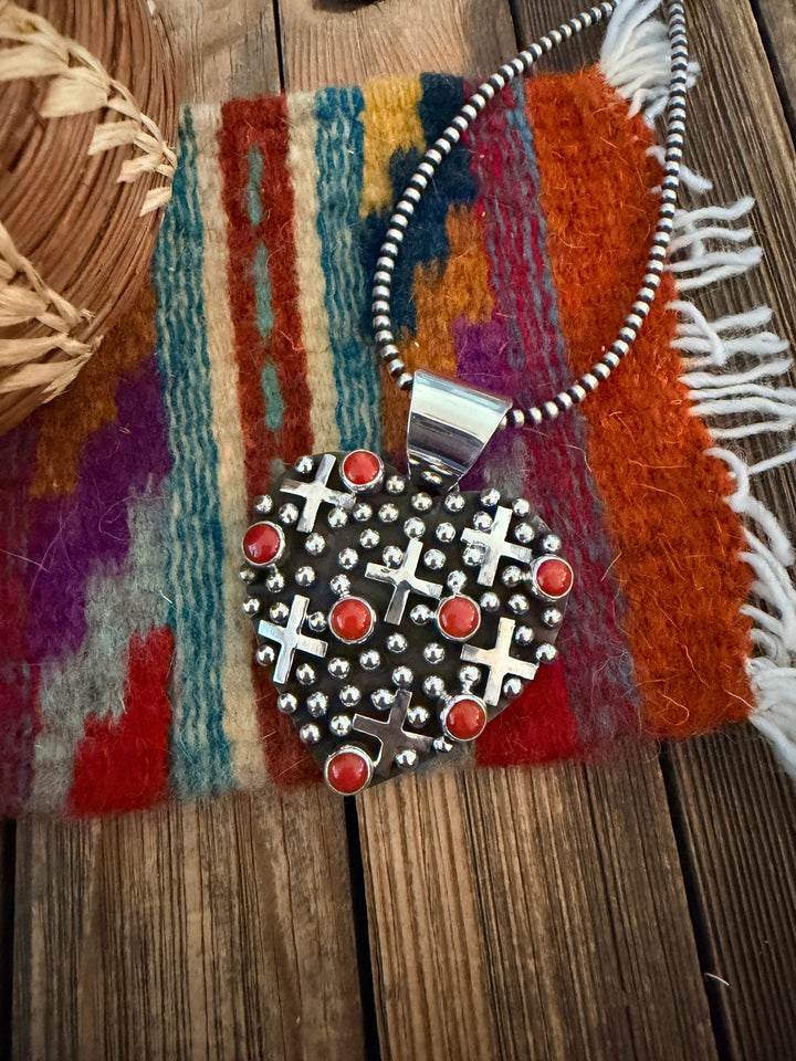 Handcrafted Coral & Sterling Silver Heart Cross Pendant by Geneva Apachito Nizhoni Traders LLC