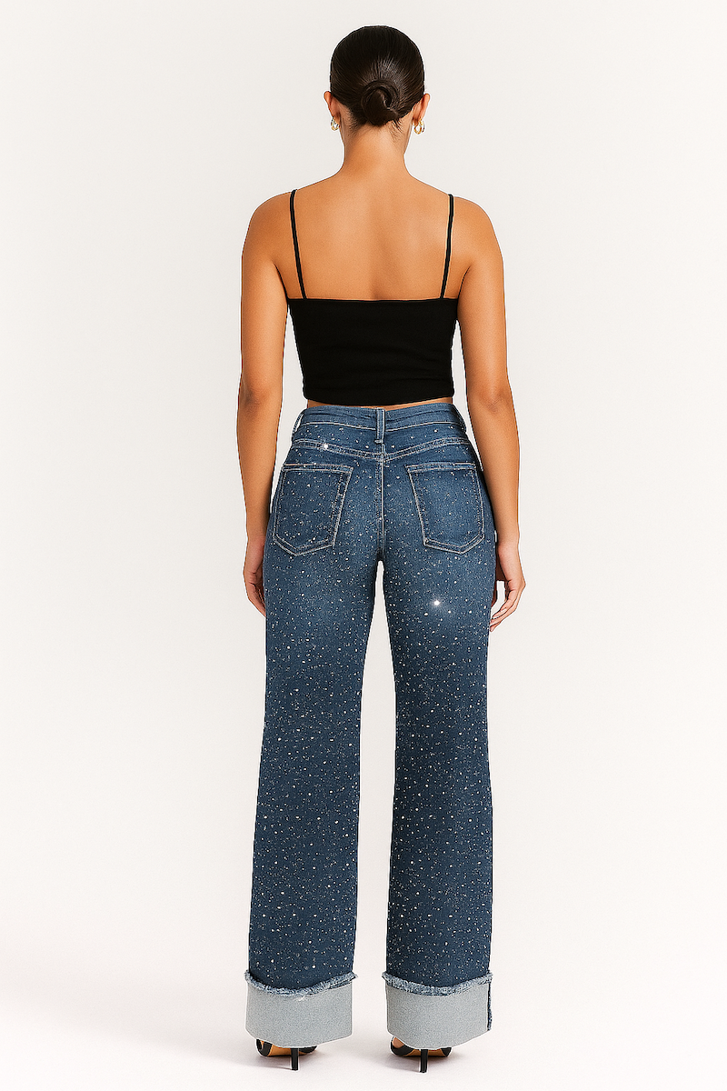 Gary Low Rise Rhinestone Wide Leg Cuffed Jeans -Monterey Wash GJG DENIM