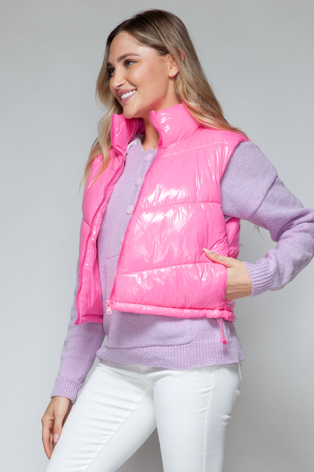 Shiny Neon Pink Zip Up Turtleneck Quilted Vest