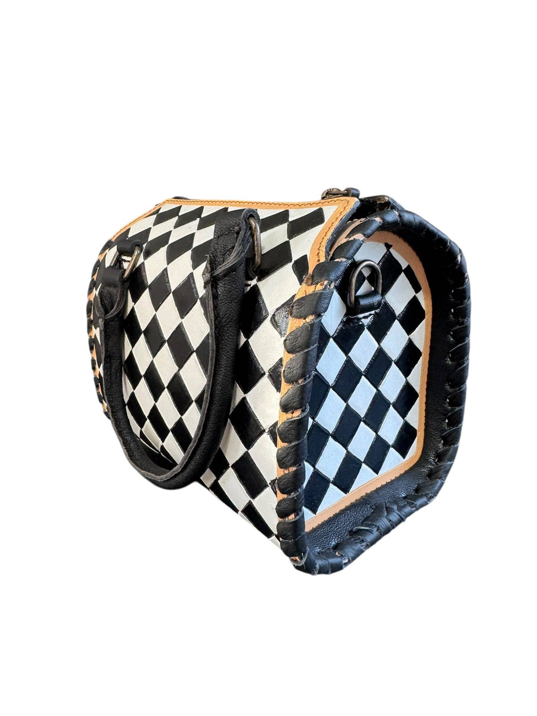 Genuine Leather Black and White Checkered Speedy Handbag