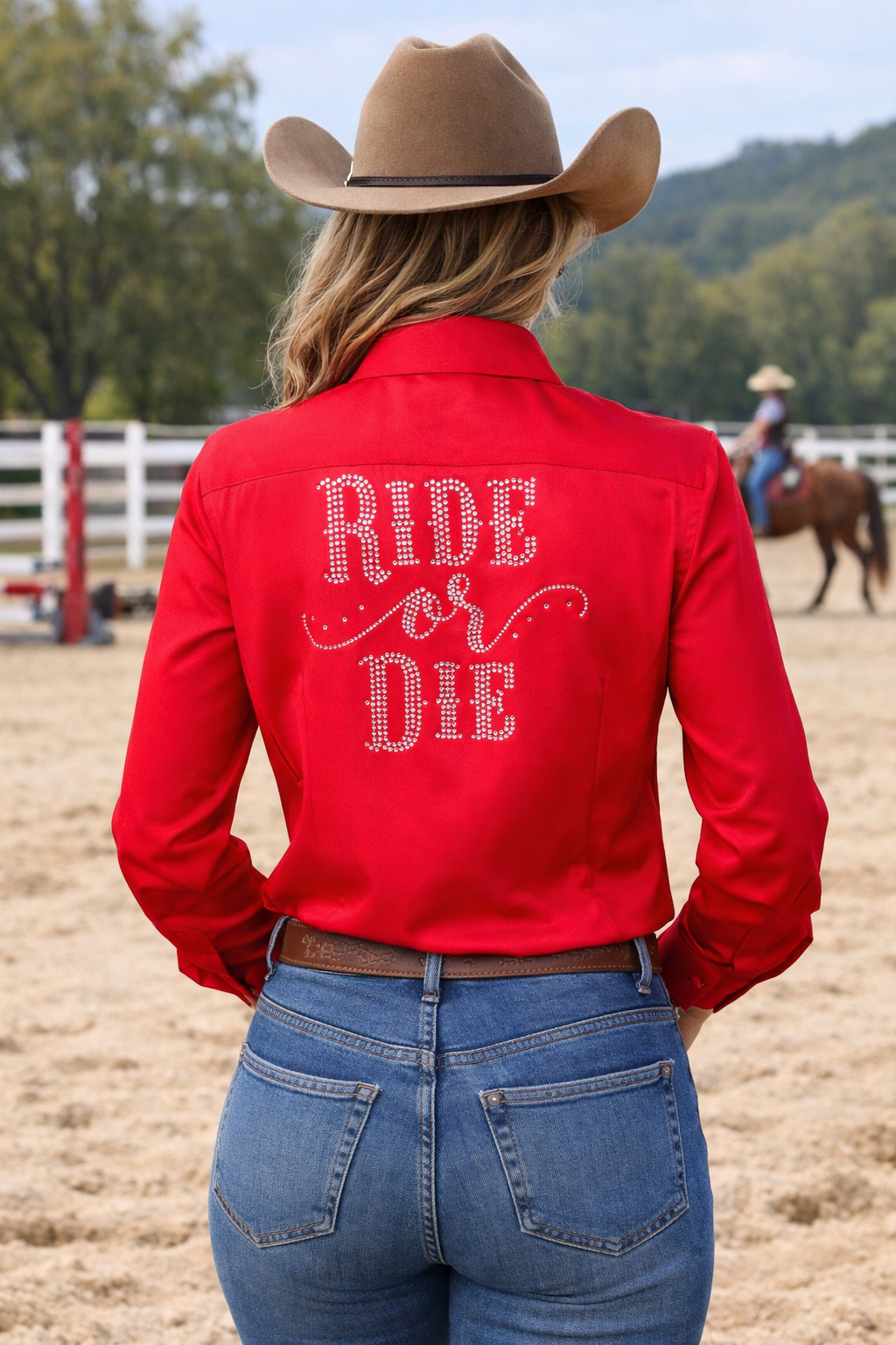 Ride Or Die Rhinestone Cotton Blend Button Up Rodeo Shirt -Red Neon Spur