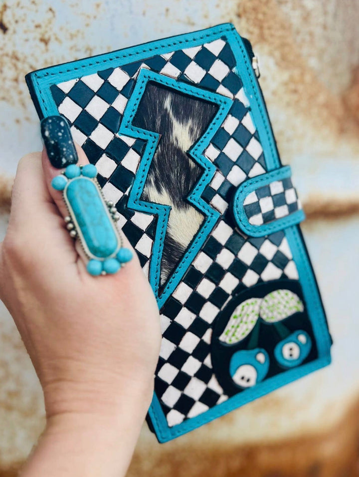 Turquoise Electric Rodeo Checkers Long Wallet Neon Spur