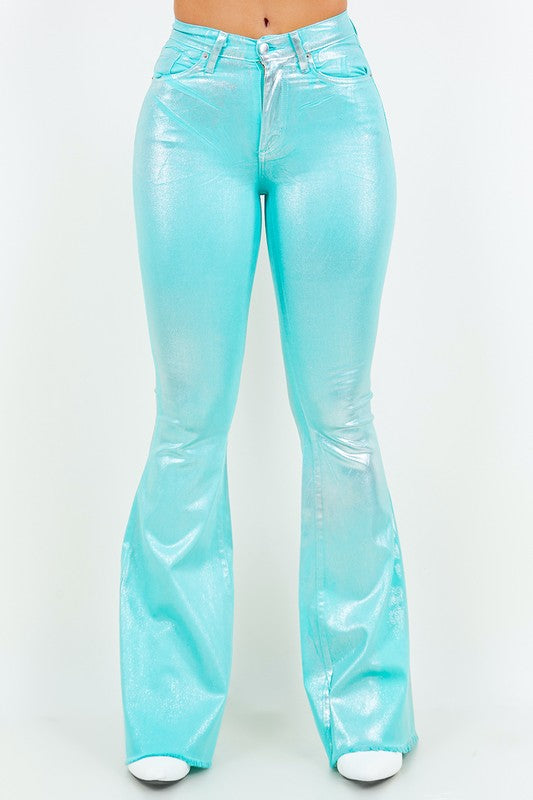 Metallic Turquoise Bell Bottom Jeans -32" Inseam