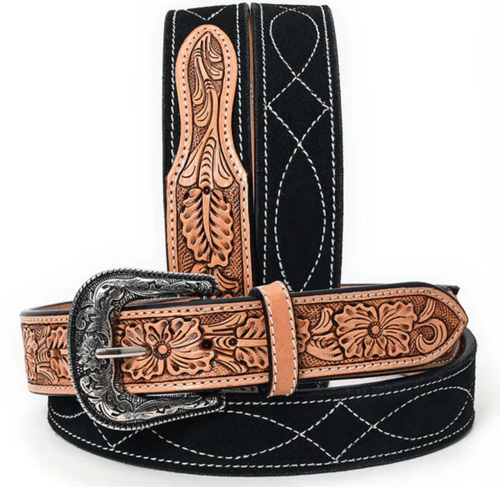 Western Stitch Genuine Suede & Hand Tooled Leather Belt -Black