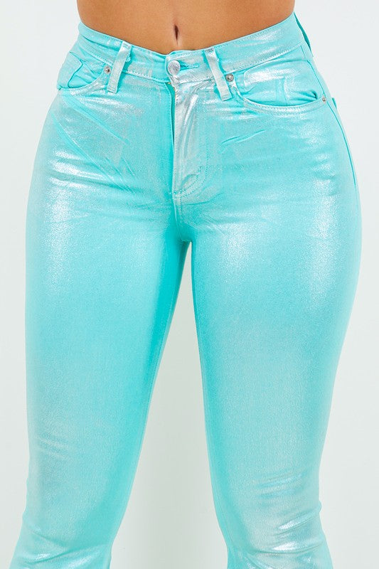 Metallic Turquoise Bell Bottom Jeans -32" Inseam