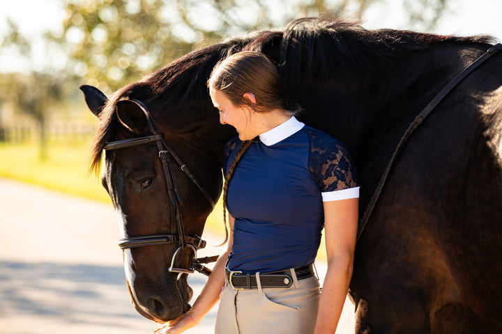 Short Sleeve Lace Riding Shirt- Navy