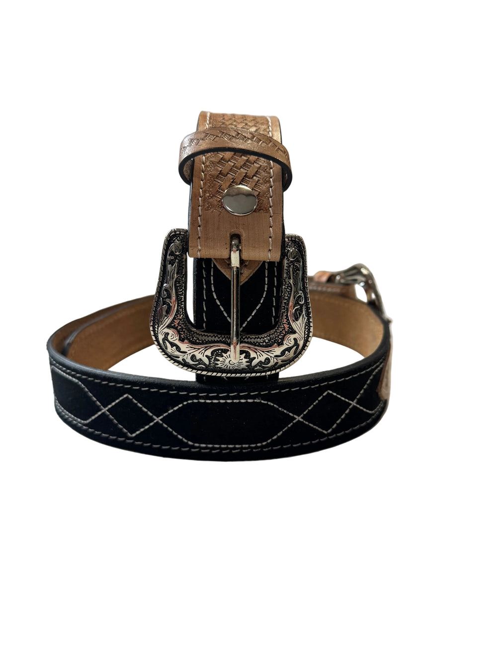 Western Stitch Genuine Suede & Hand Tooled Leather Belt -Black Neon Spur