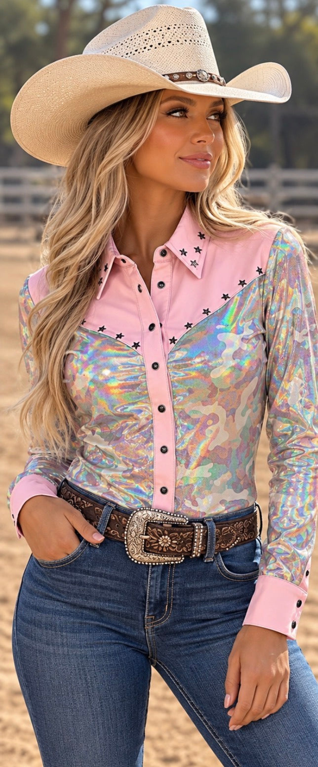Bubblegum Camo Holographic Pearl Snap Rodeo Shirt