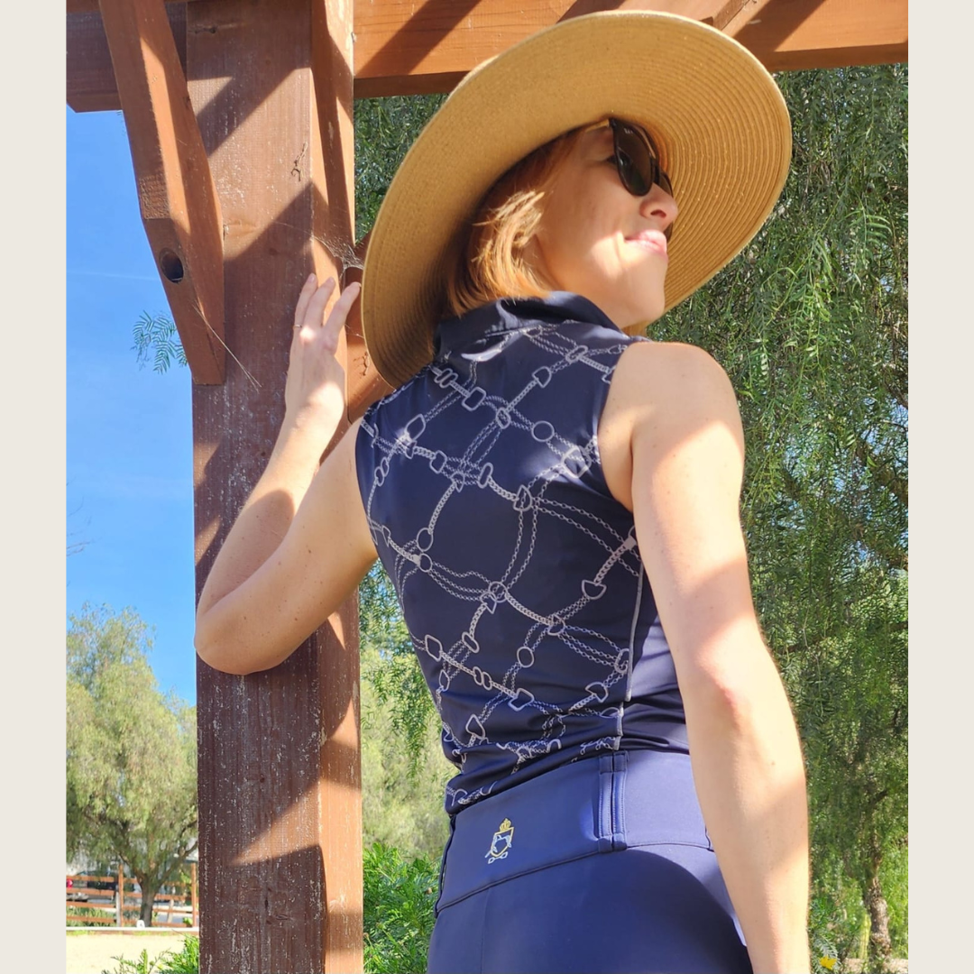 Sleeveless Navy and Silver Riding Sun Shirt -30 UV Sun Protection