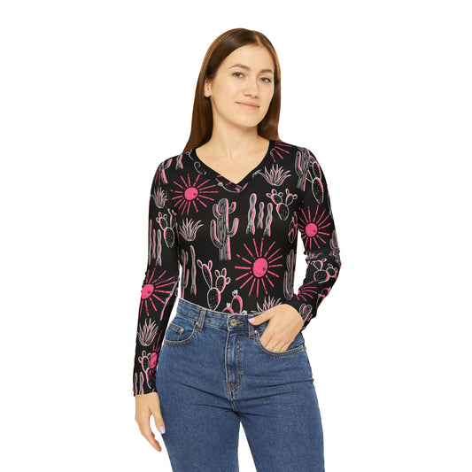 Neon Cactus Women's Long Sleeve V-neck Shirt