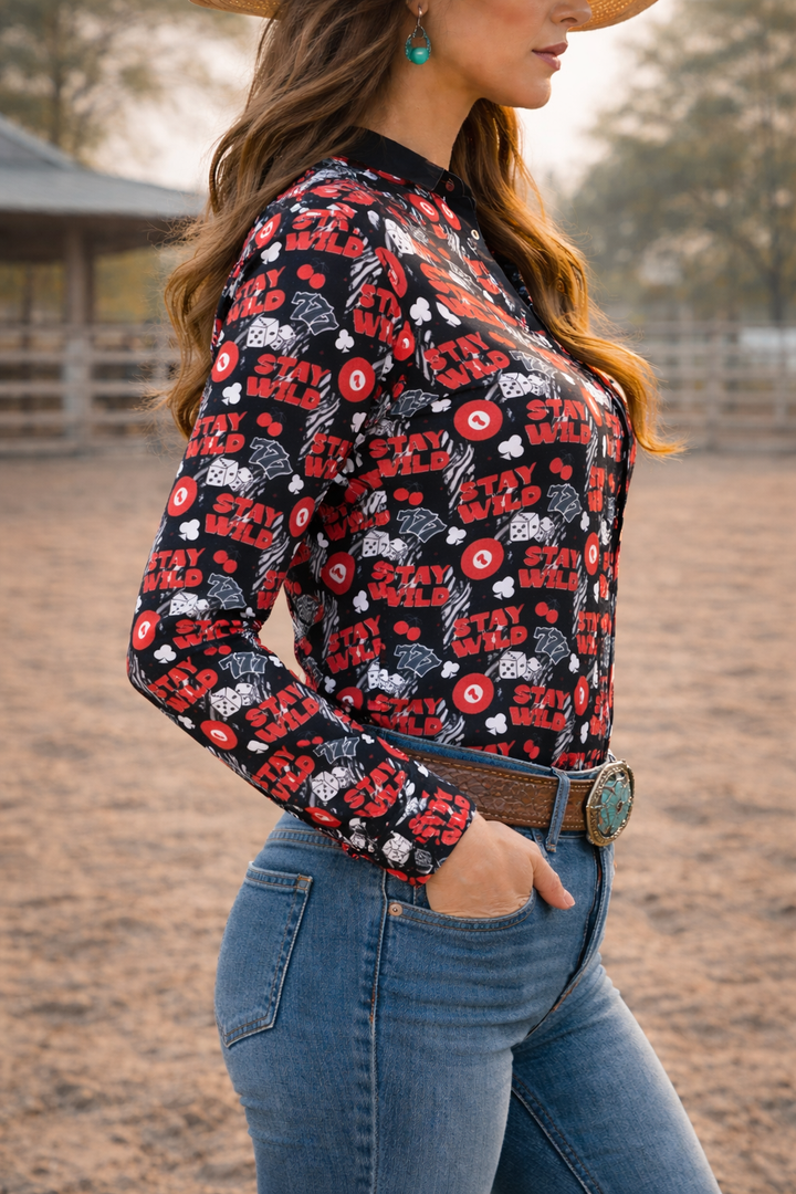 Stay Wild Quarter Button Long Sleeve Pullover Rodeo Shirt Blouse