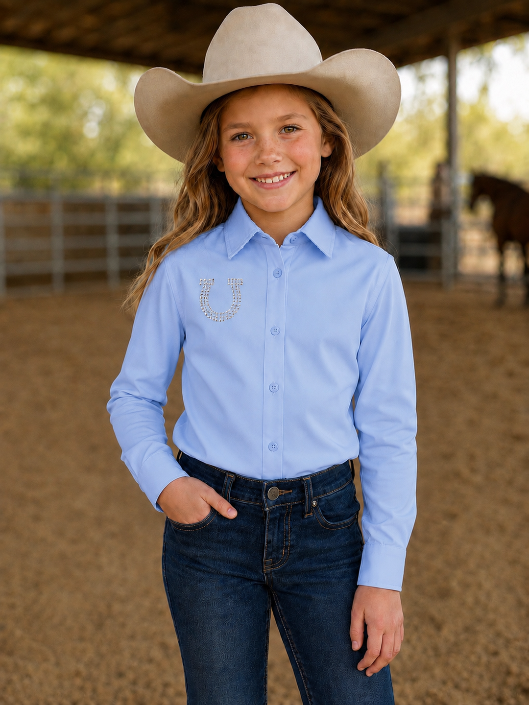 Lucky Charm Rhinestone Horseshoe Girls Button Up Rodeo Shirt Blouse -Blue Neon Spur