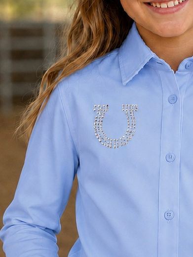 Lucky Charm Rhinestone Horseshoe Girls Button Up Rodeo Shirt Blouse -Blue Neon Spur