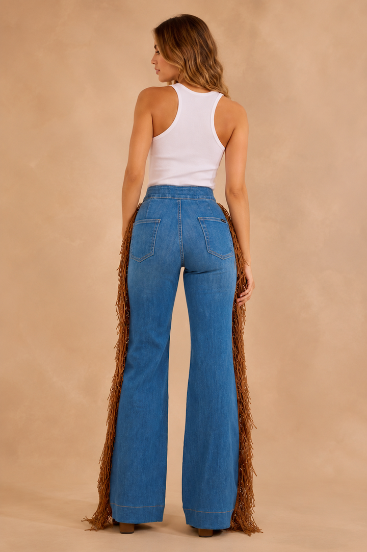 Harley Wide Leg Fringe Jean in Medium Wash GJG DENIM