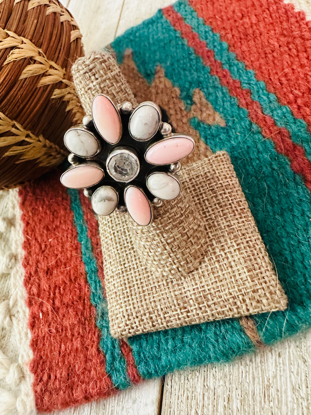 Handcrafted Queen Pink Conch, White Buffalo, CZ & Sterling Silver Adjustable Ring by Jacqueline Silver