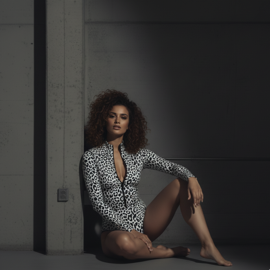 White Leo Zipper Swimsuit Bodysuit with Sleeves