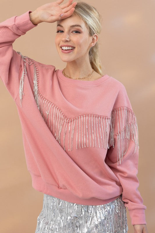 Mauve Rhinestone Fringe Pullover Top