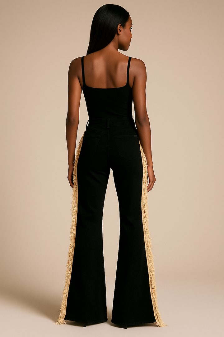 Beige Fringe & Stud Detail Mid-Rise Black Bell Bottom Jeans GJG DENIM