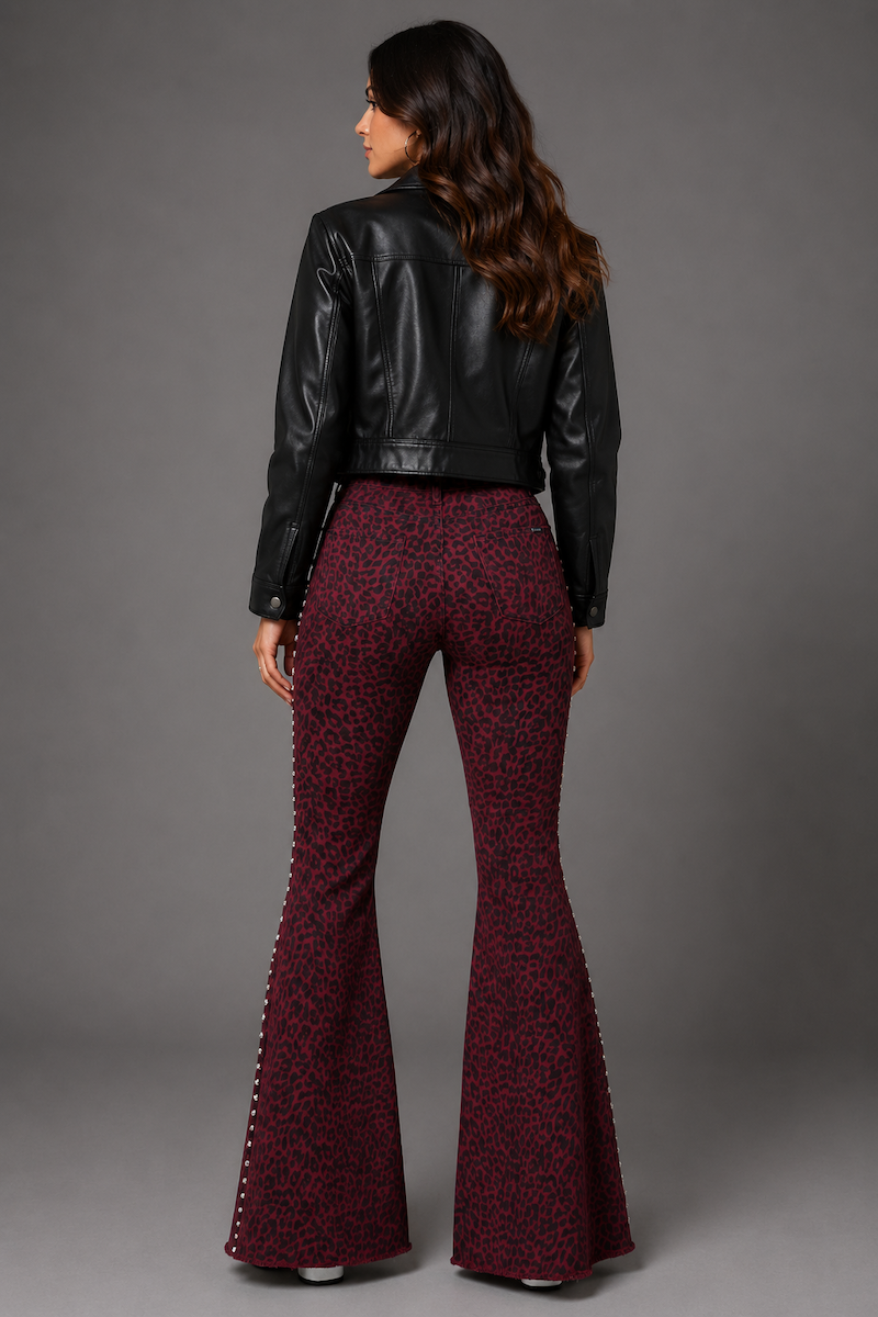 Studded Wine Leopard Print Bell Bottom Jeans GJG DENIM