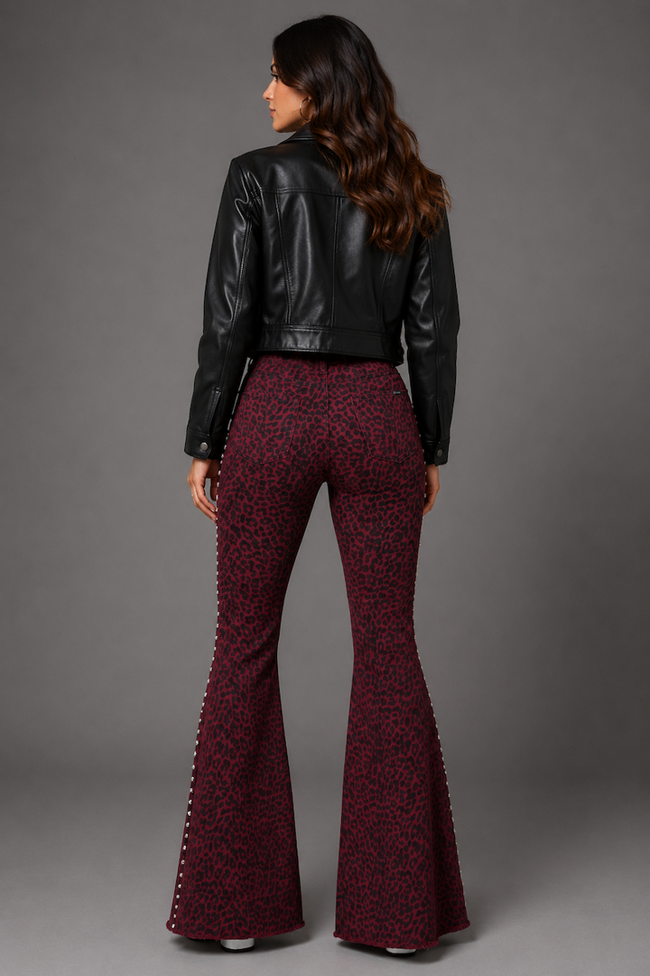 Studded Wine Leopard Print Bell Bottom Jeans GJG DENIM