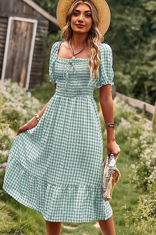 Garden Gingham Puff Sleeve Midi Dress