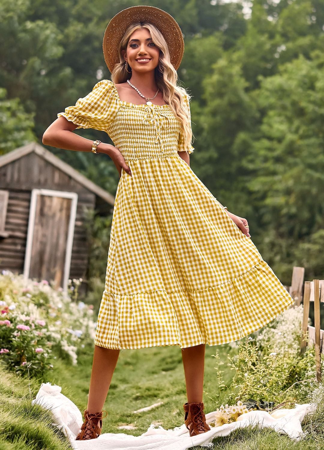 Garden Gingham Puff Sleeve Midi Dress Miss Sparkling