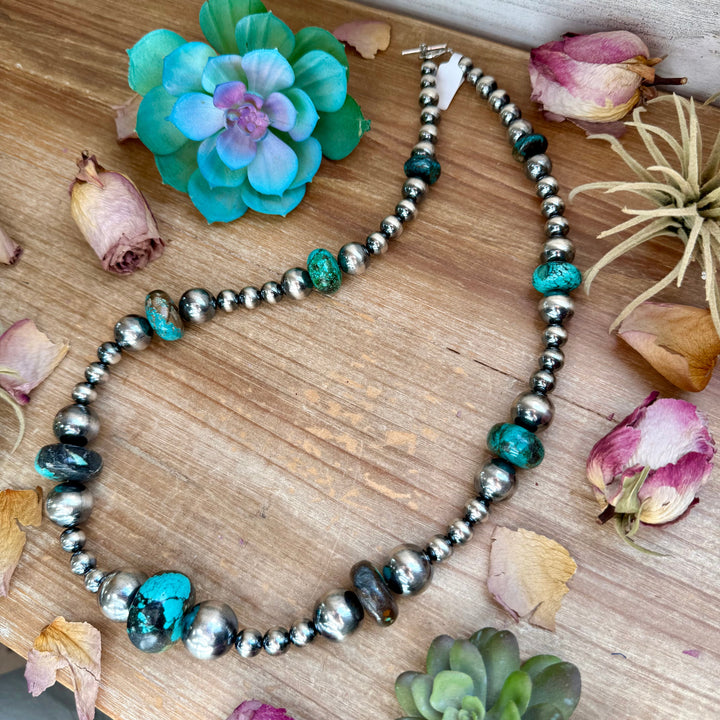 29” Massive Turquoise Rondelle Necklace – Sterling Silver Pearls