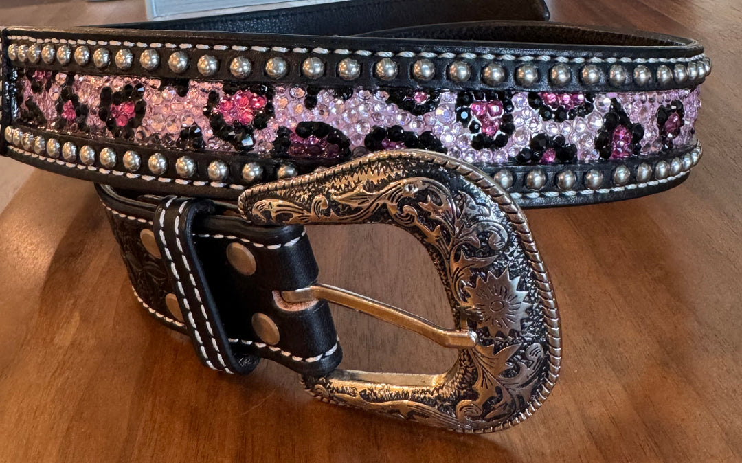 Catty Cowgirl Crystal Tooled Leather Belt