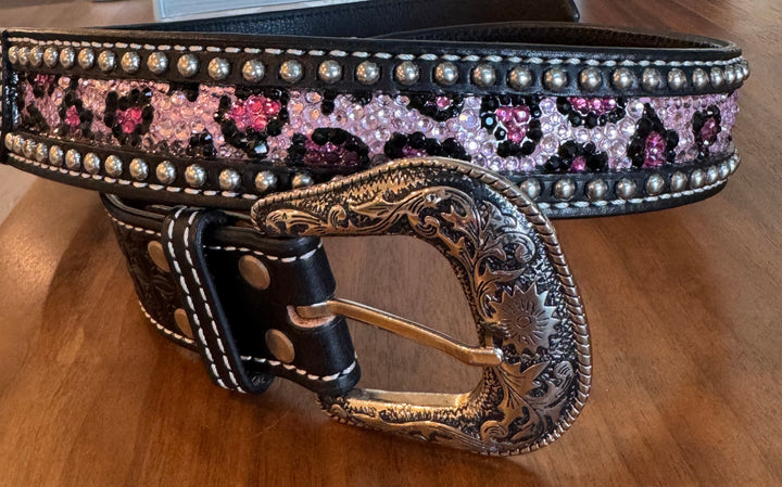 Catty Cowgirl Crystal Tooled Leather Belt