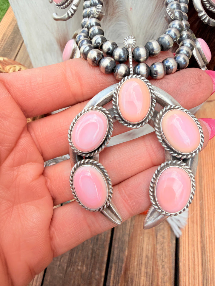 Handcrafted Sterling Silver & Queen Pink Conch Squash Blossom Necklace Set Nizhoni Traders LLC