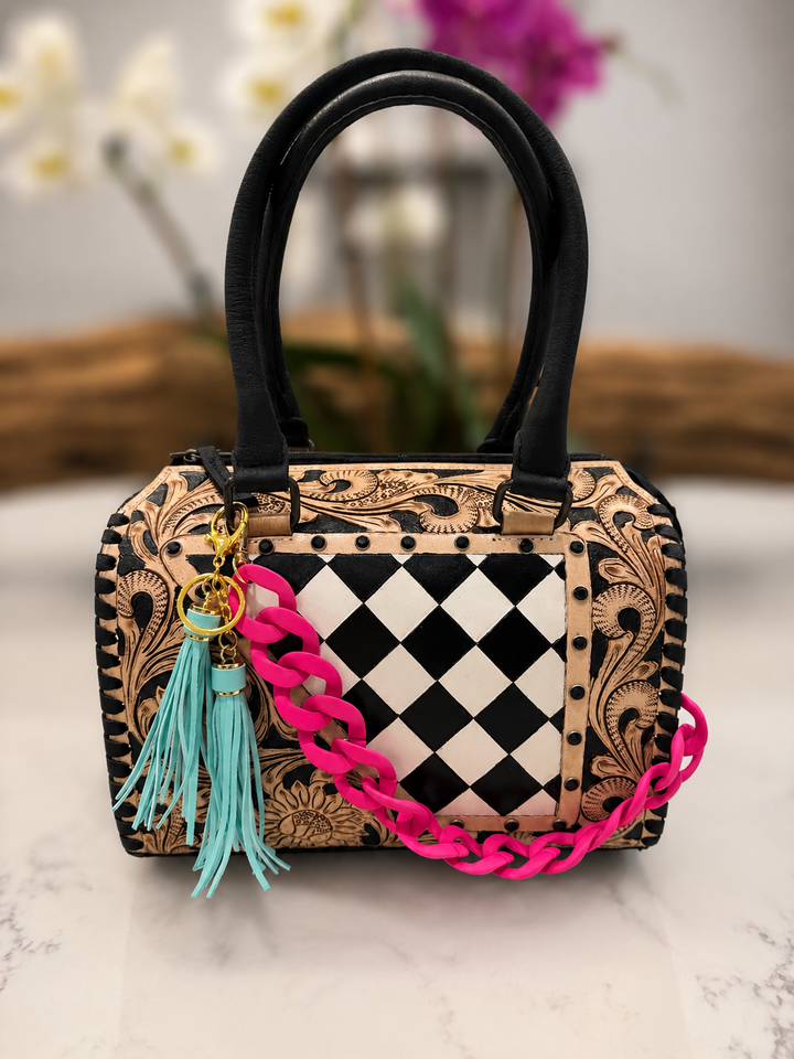 The Neon Rodeo Tooled Leather Checkered Speedy Handbag Neon Spur