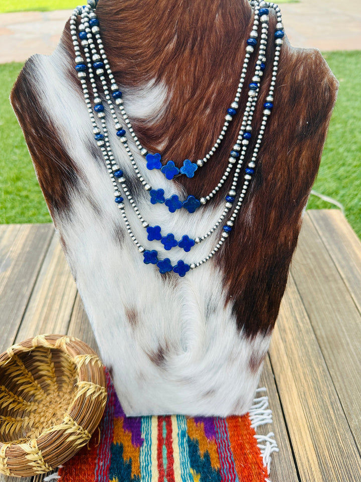 Handcrafted Lapis & Sterling Silver Pearl Cross Beaded Necklace Nizhoni Traders LLC